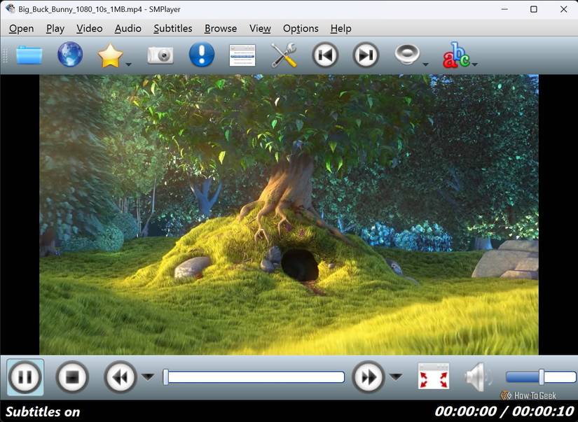The Big Buck Bunny animation video playing on SMPlayer with subtitles.