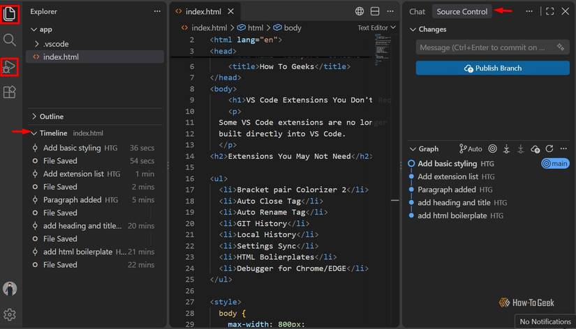 VS Code shows code in the editor with the Source Control and Timeline views open on either side.
