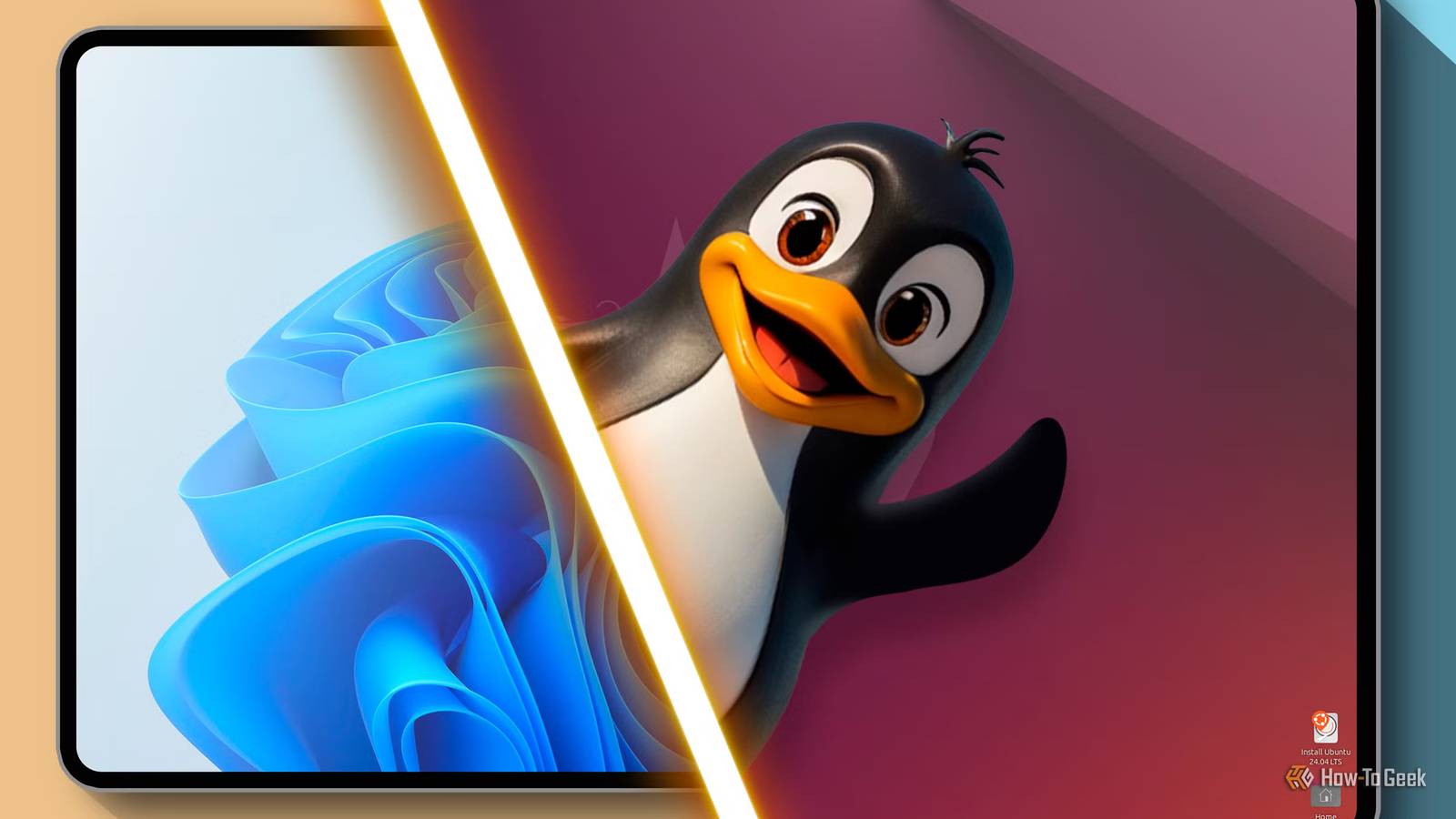 Split-screen with Windows 11 on the left and Linux on the right with Tux.