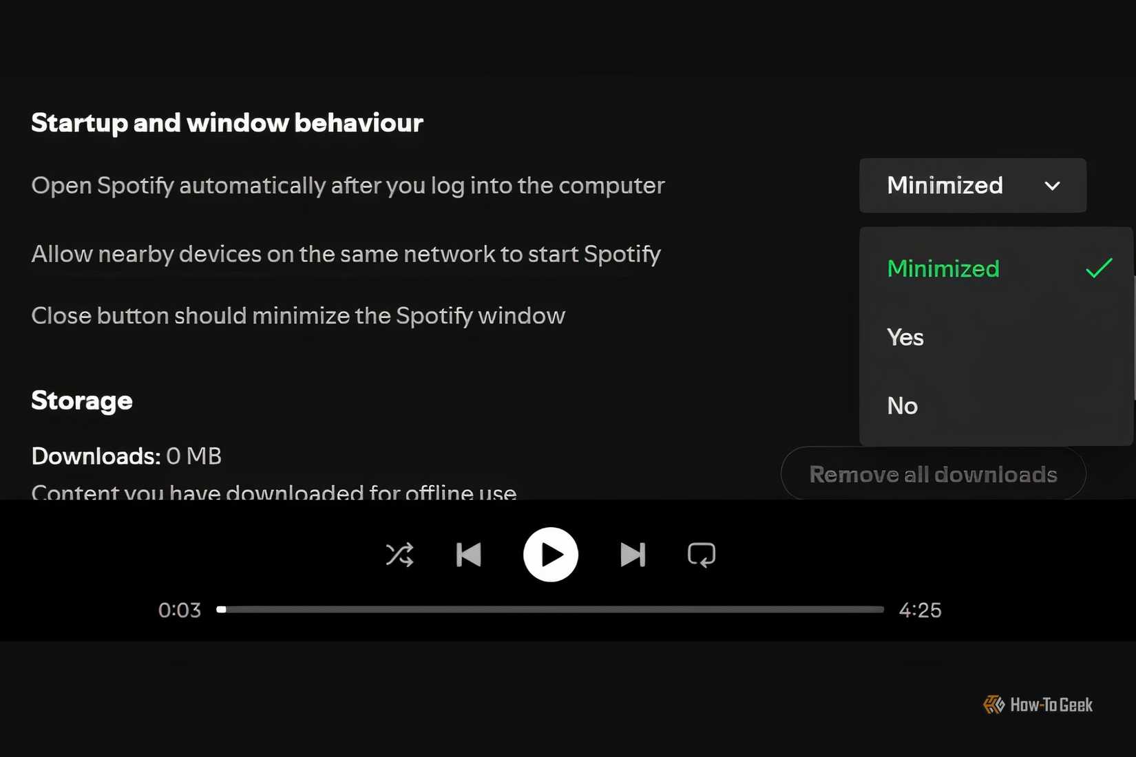 Startup and Windows behavior preferences in Spotify on Windows 11.