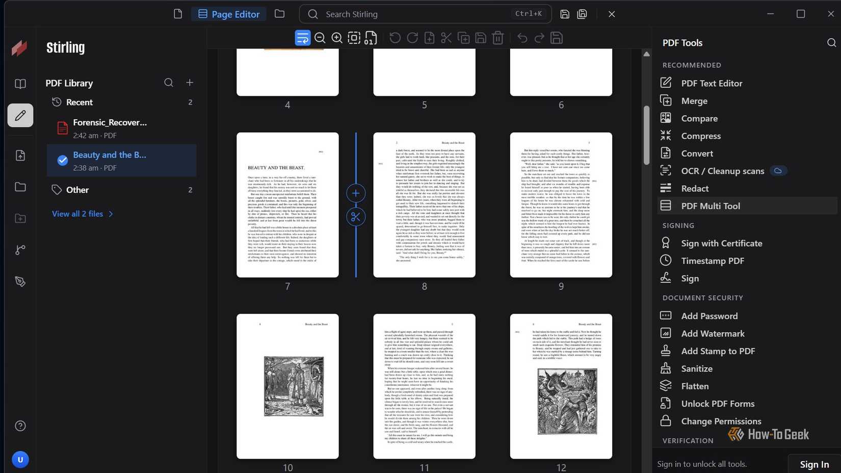 Stirling PDF displays a Beauty and the Beast document with multi-page options for organizing and editing PDF pages.