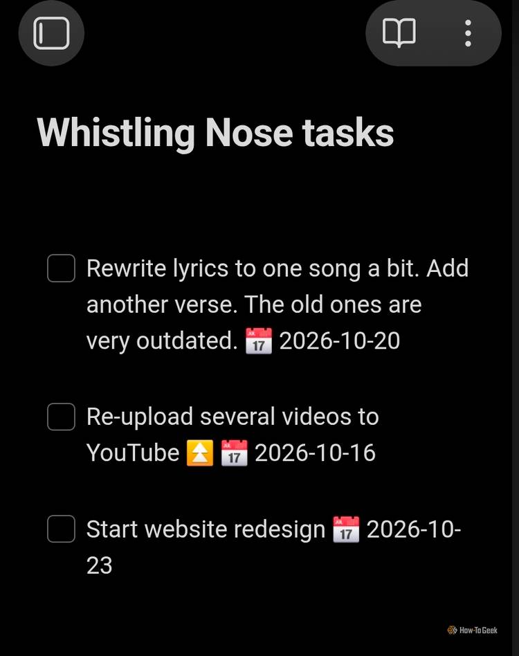 Several tasks and dates listed in Tasker in Obsidian.