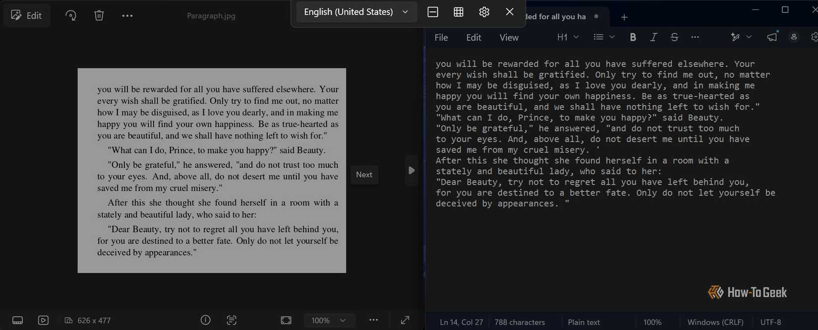 PowerToys Text Extractor copies text from a Beauty and the Beast PNG image into Notepad.