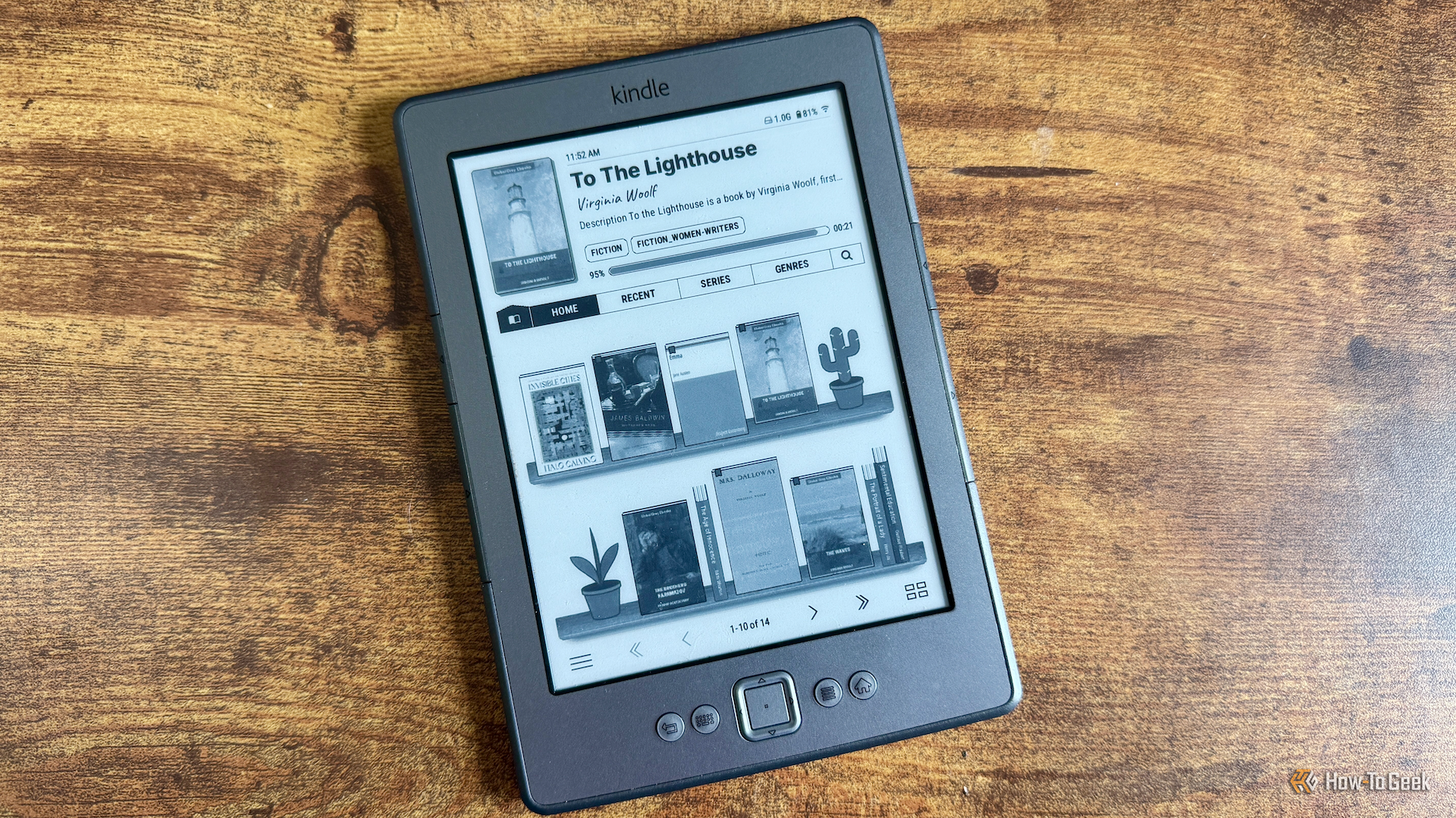 The Bookshelf home screen on a Kindle 4 showing the current book and bookshelves with other books and potted plants on the shelves.