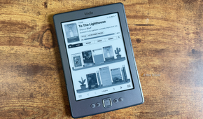 The Bookshelf home screen on a Kindle 4 showing the current book and bookshelves with other books and potted plants on the shelves.