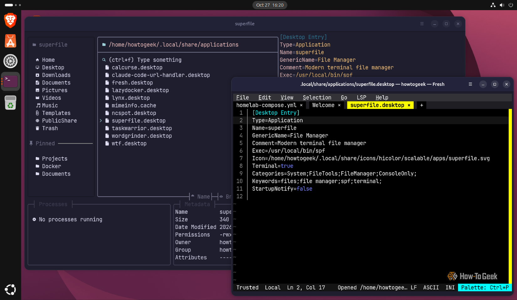 The .desktop file of superfile being accessed using superfile and fresh TUI apps.