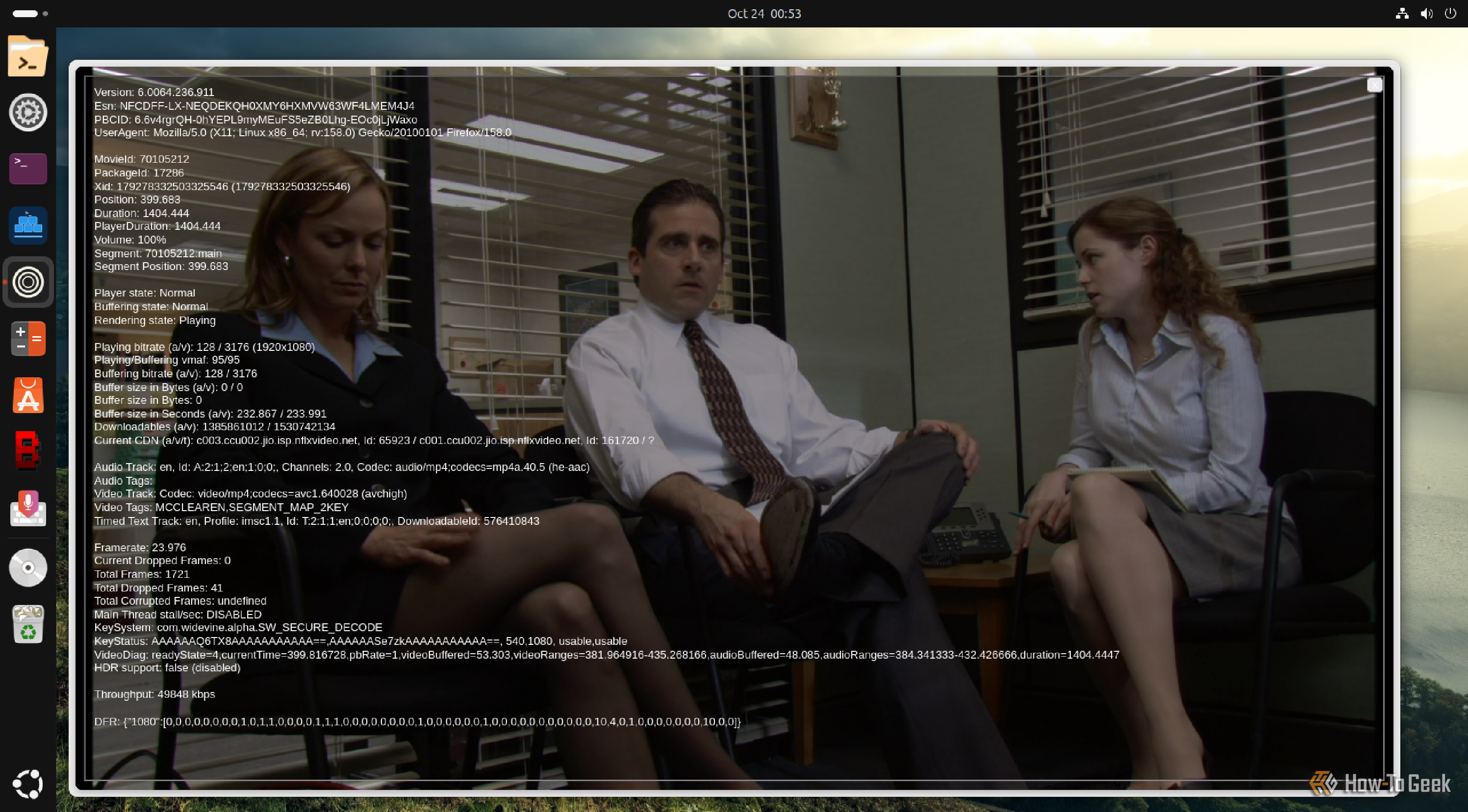 The Office streaming on Netflix in Zen Browser on Ubuntu with the Widevine KeySystem shown in the playback stats overlay.