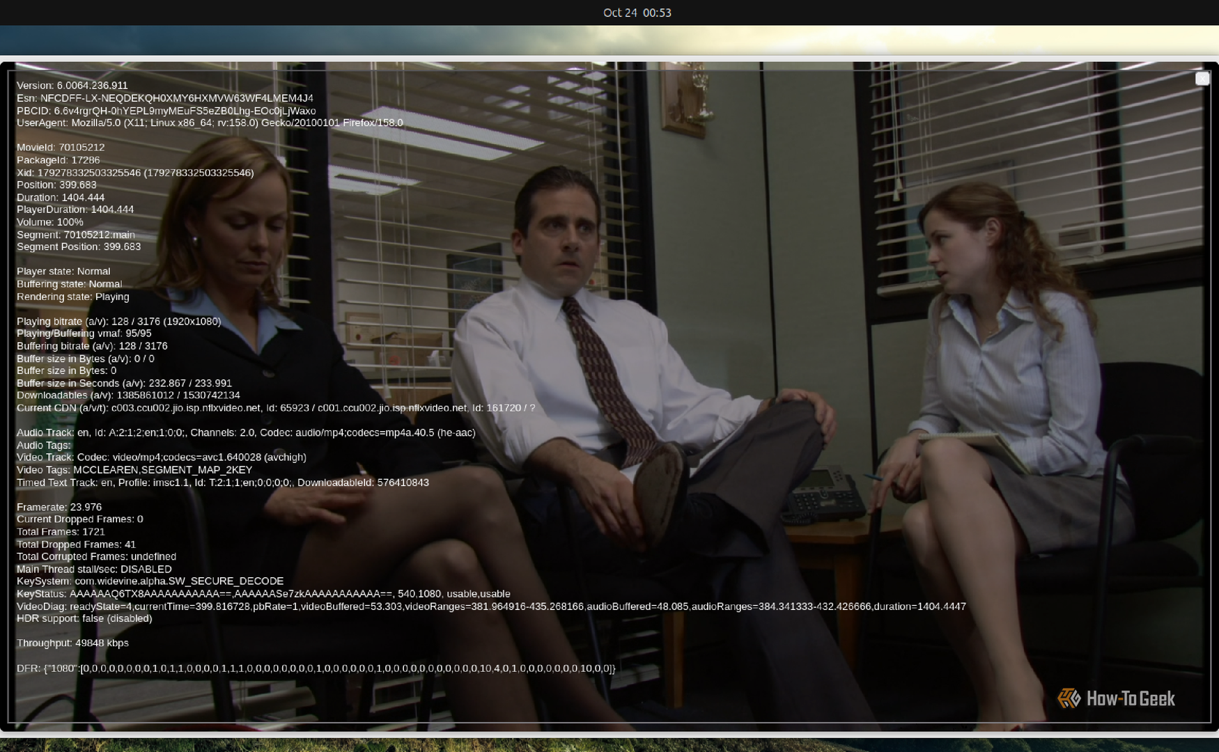 The Office streaming on Netflix in Zen Browser on Ubuntu with the Widevine KeySystem shown in the playback stats overlay.