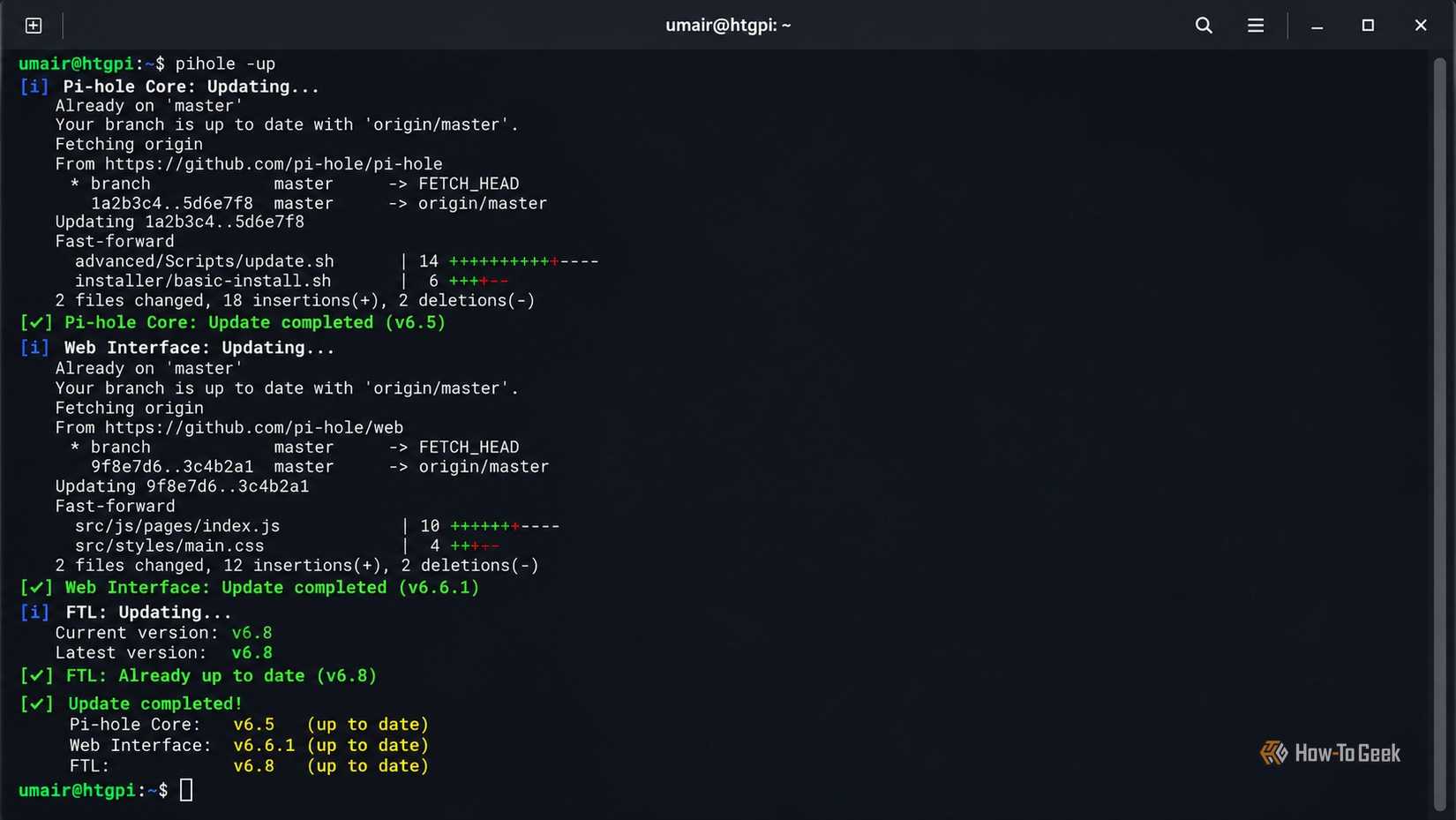 The terminal on umair@htgpi runs pihole -up and displays the Pi-hole Core, Web Interface, and FTL update status.