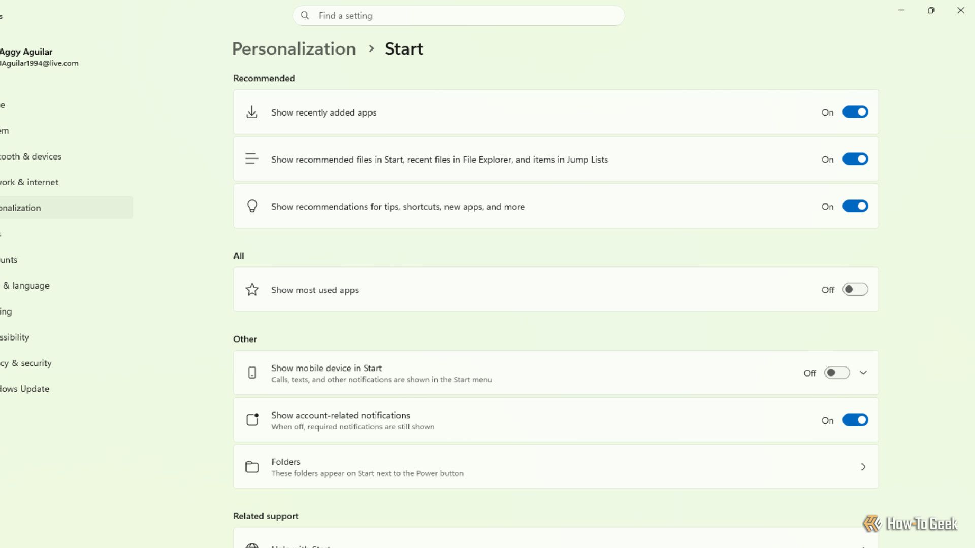 The Windows 11 settings menu when a user goes to Personalization and then Start.