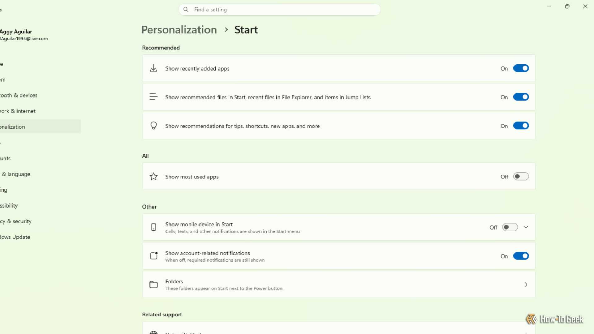 The Windows 11 settings menu when a user goes to Personalization and then Start.