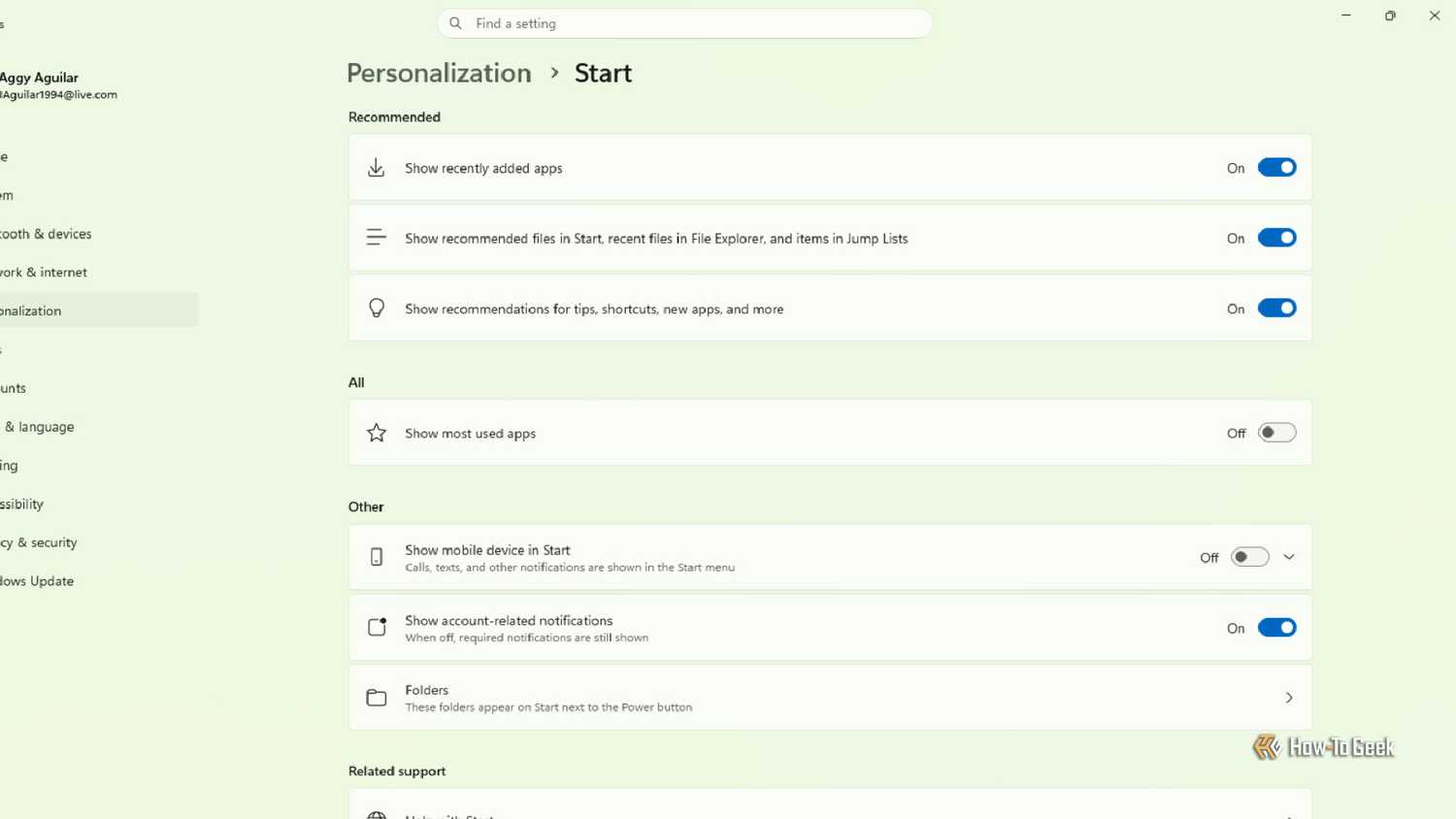 The Windows 11 settings menu when a user goes to Personalization and then Start.