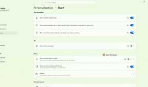 The Windows 11 settings menu when a user goes to Personalization and then Start.