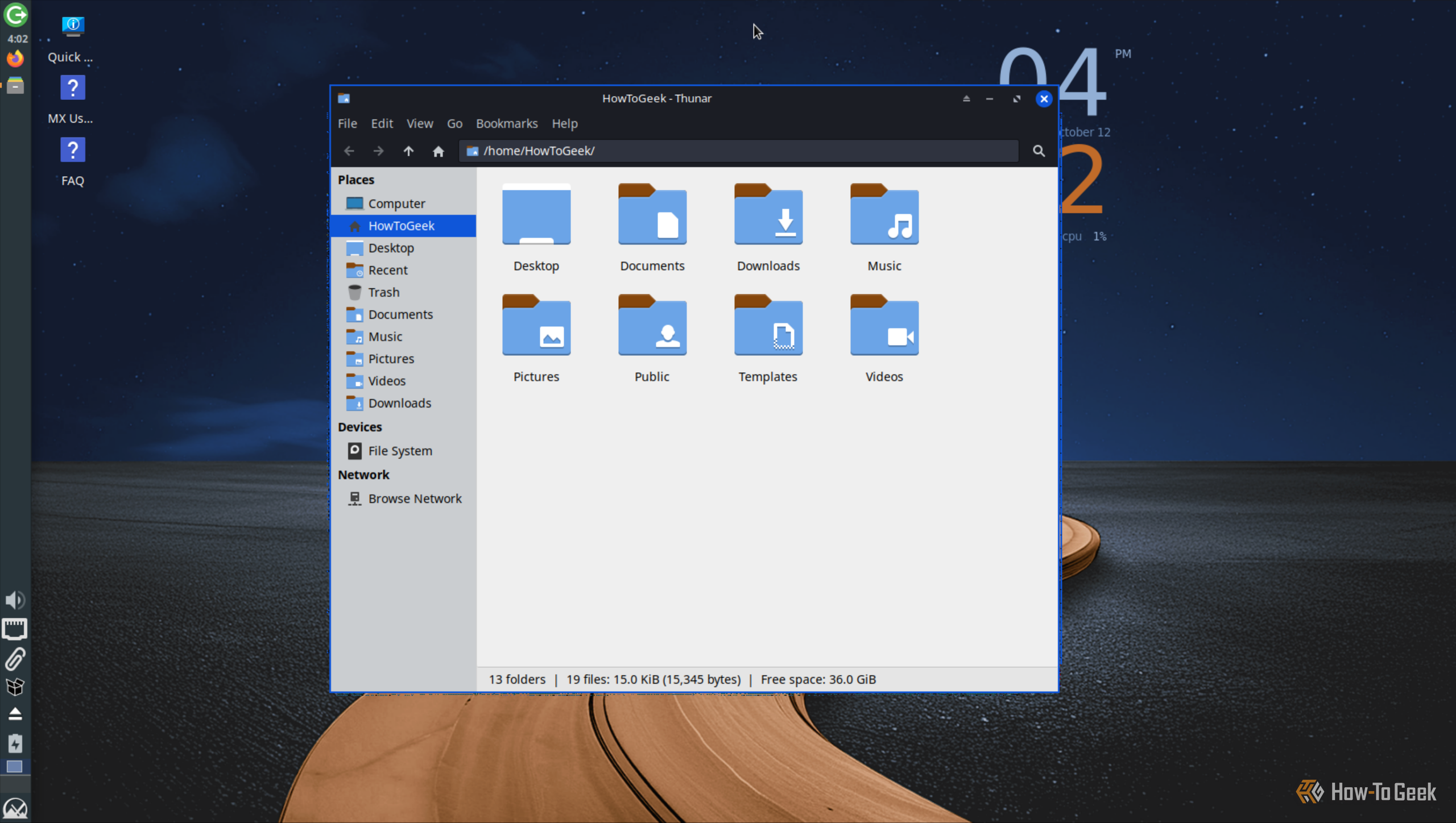 Thunar file manager on MX Linux Xfce open on the HowToGeek home folder.
