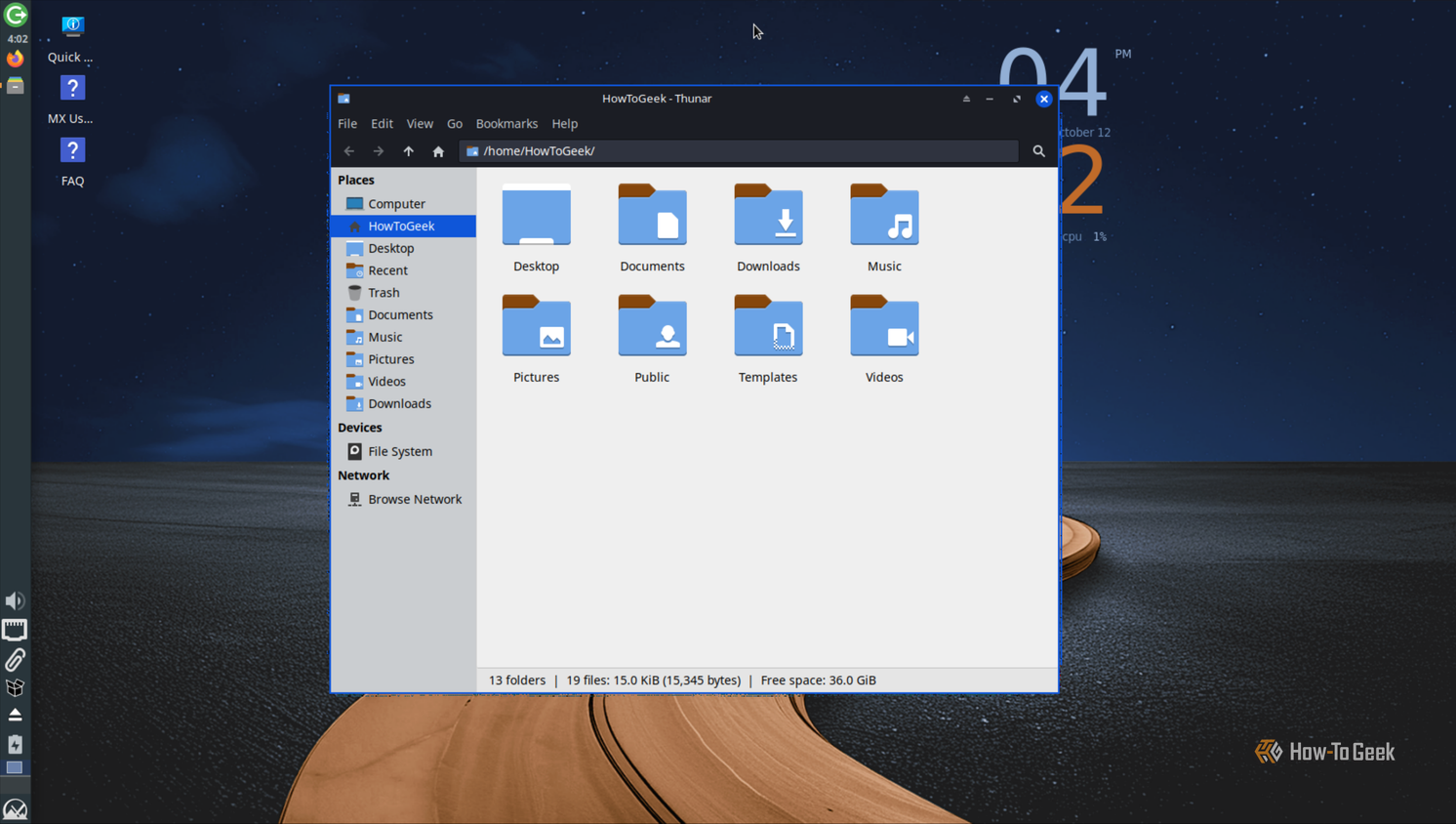 Thunar file manager on MX Linux Xfce open on the HowToGeek home folder.