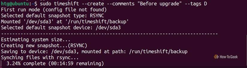 The terminal creates a system backup with Timeshift before installing new software.