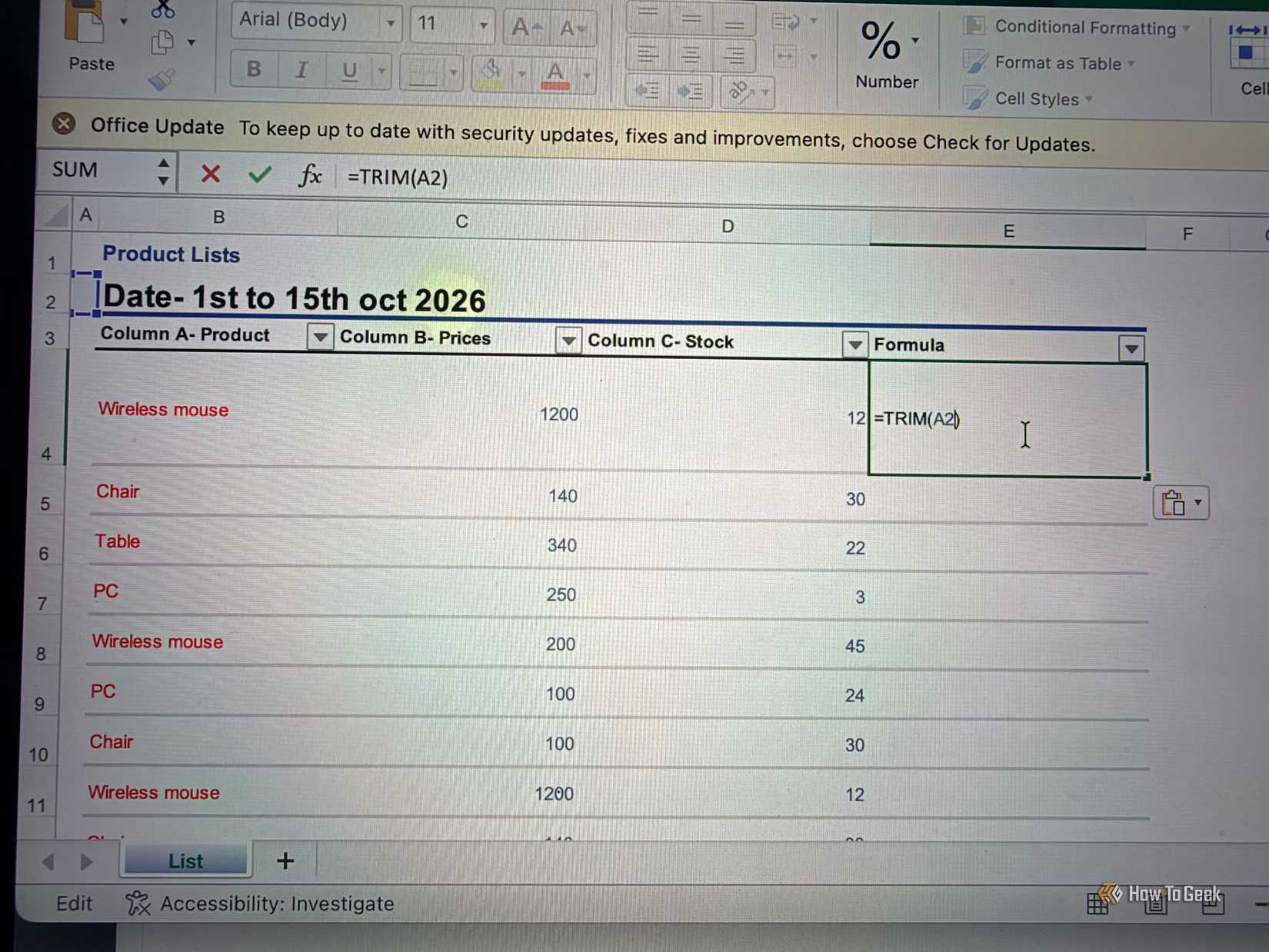 Using TRIM formula in excel for product lists.