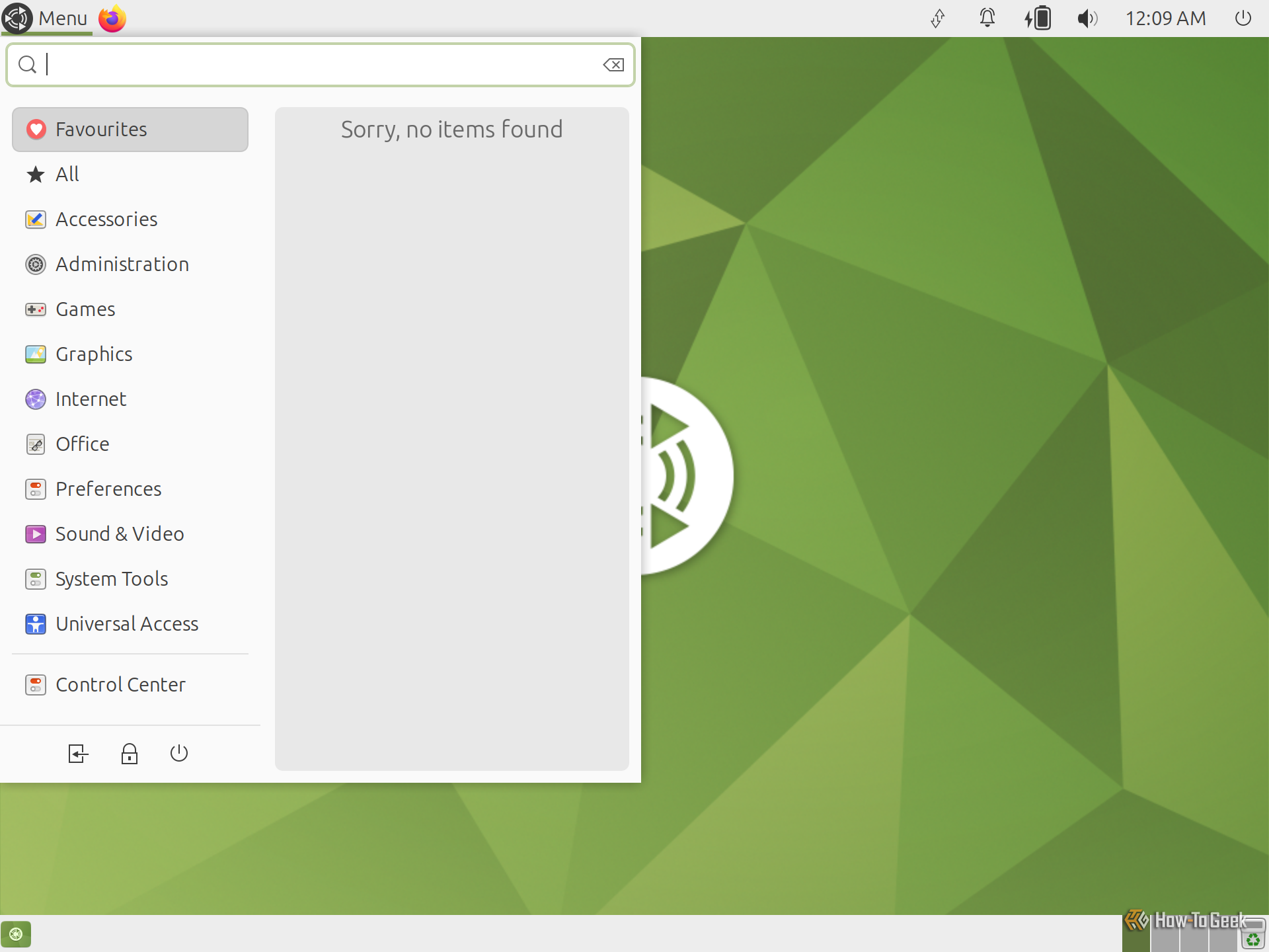 Ubuntu MATE application menu open on Favourites with category list and Control Center entry.