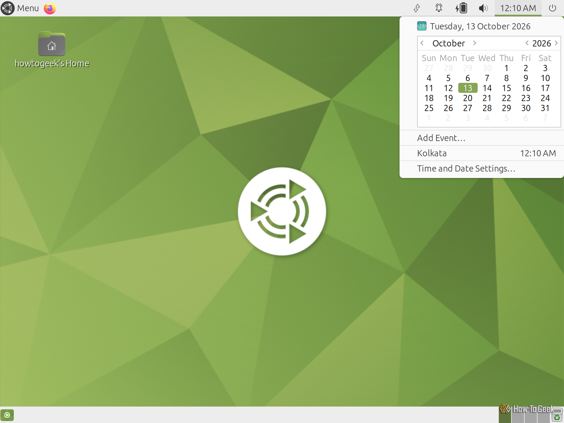 Ubuntu MATE calendar dropdown open from the top panel clock showing Kolkata time.