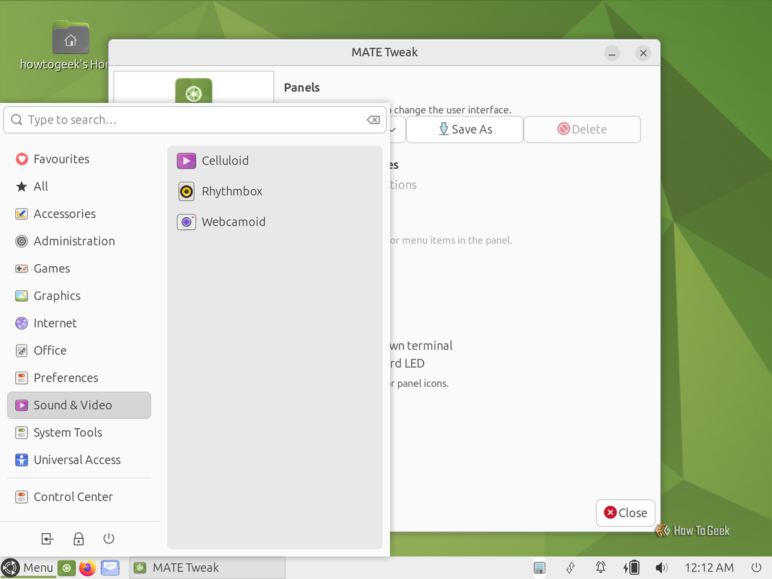 Ubuntu MATE with a Windows-style bottom panel layout and the application menu open on Sound and Video.