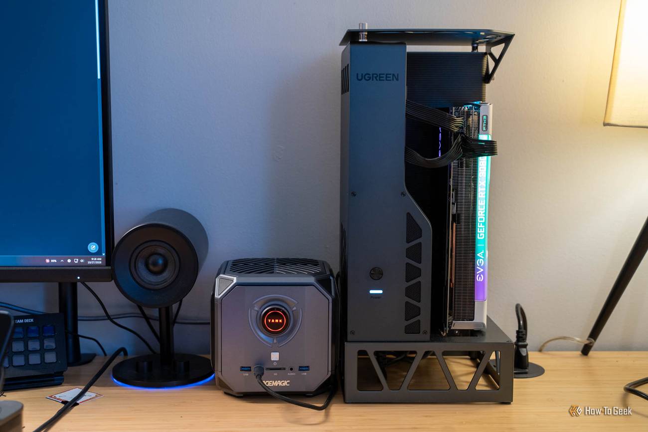UGREEN LinkStation eGPU Dock with an EVGA RTX 3080 beside the Acemagic Tank mini PC on a desk.