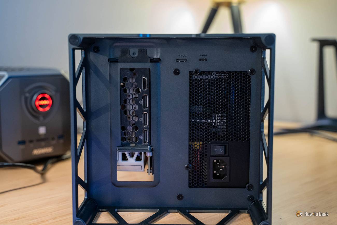 Rear of the UGREEN LinkStation eGPU Dock with GPU outputs, OCuLink, USB-C, and the PSU power switch.
