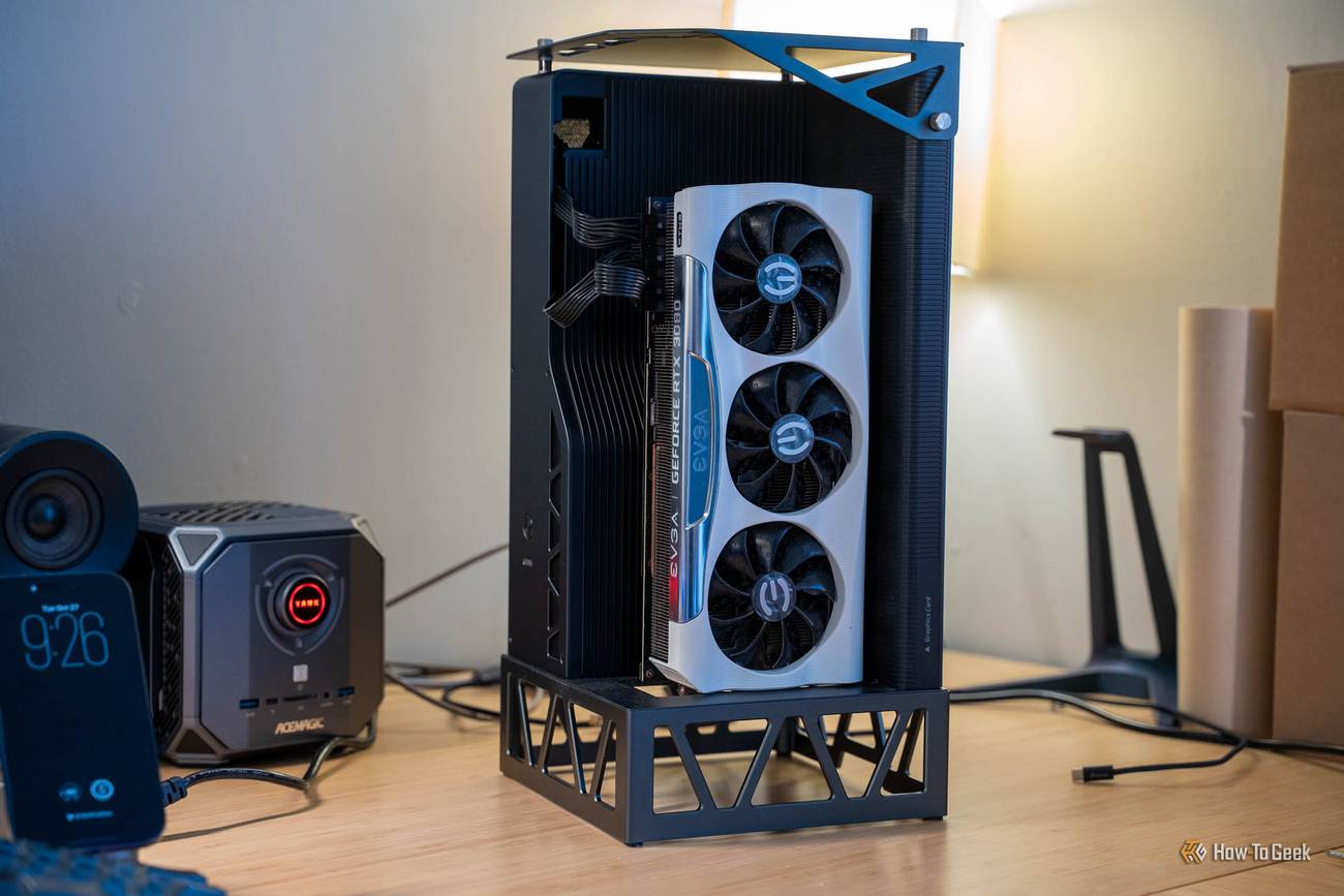 EVGA GeForce RTX 3080 FTW3 standing upright in the open-frame UGREEN LinkStation eGPU Dock.