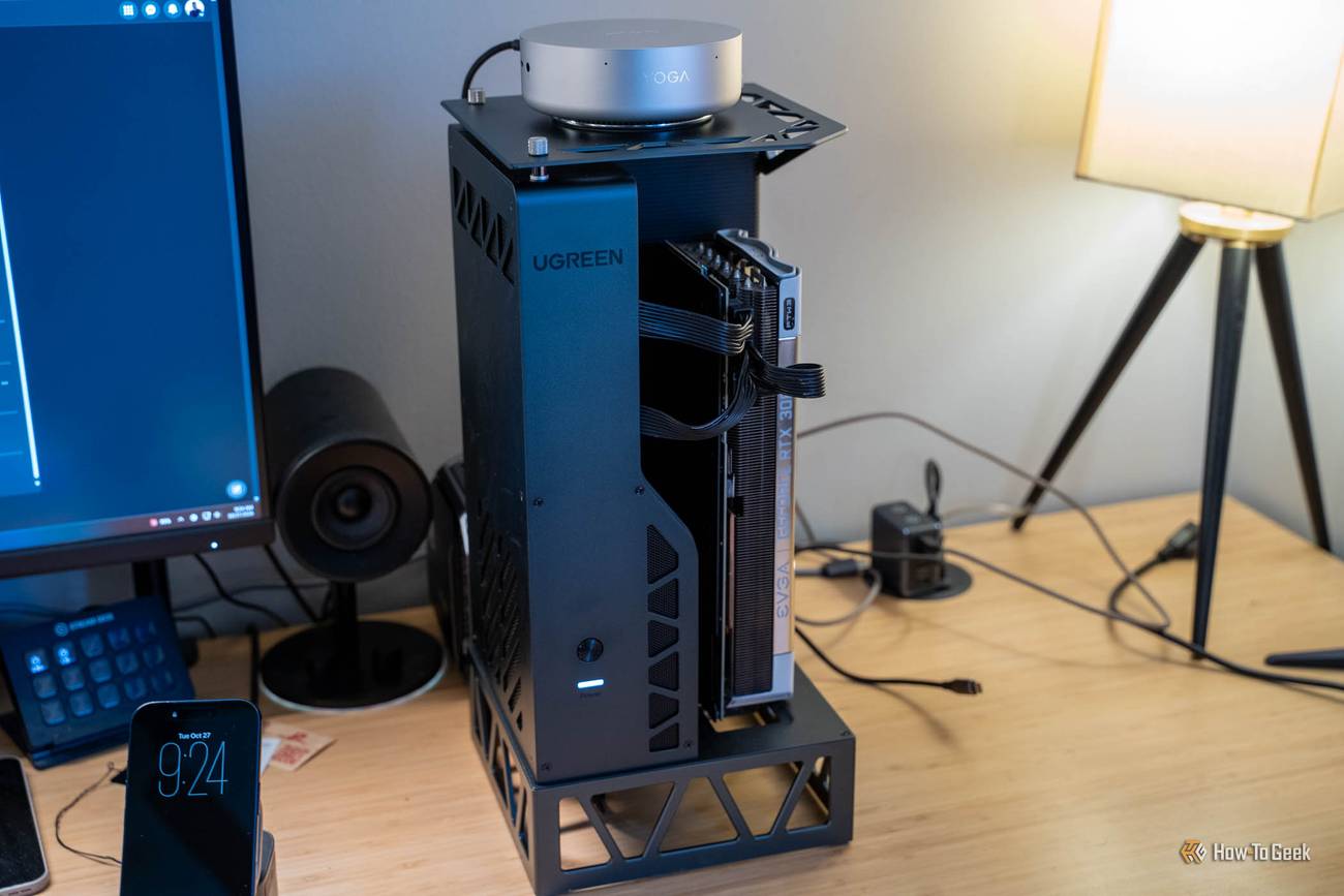 Lenovo Yoga Mini Gen 11 on top of the UGREEN LinkStation eGPU Dock with an EVGA RTX 3080 installed.