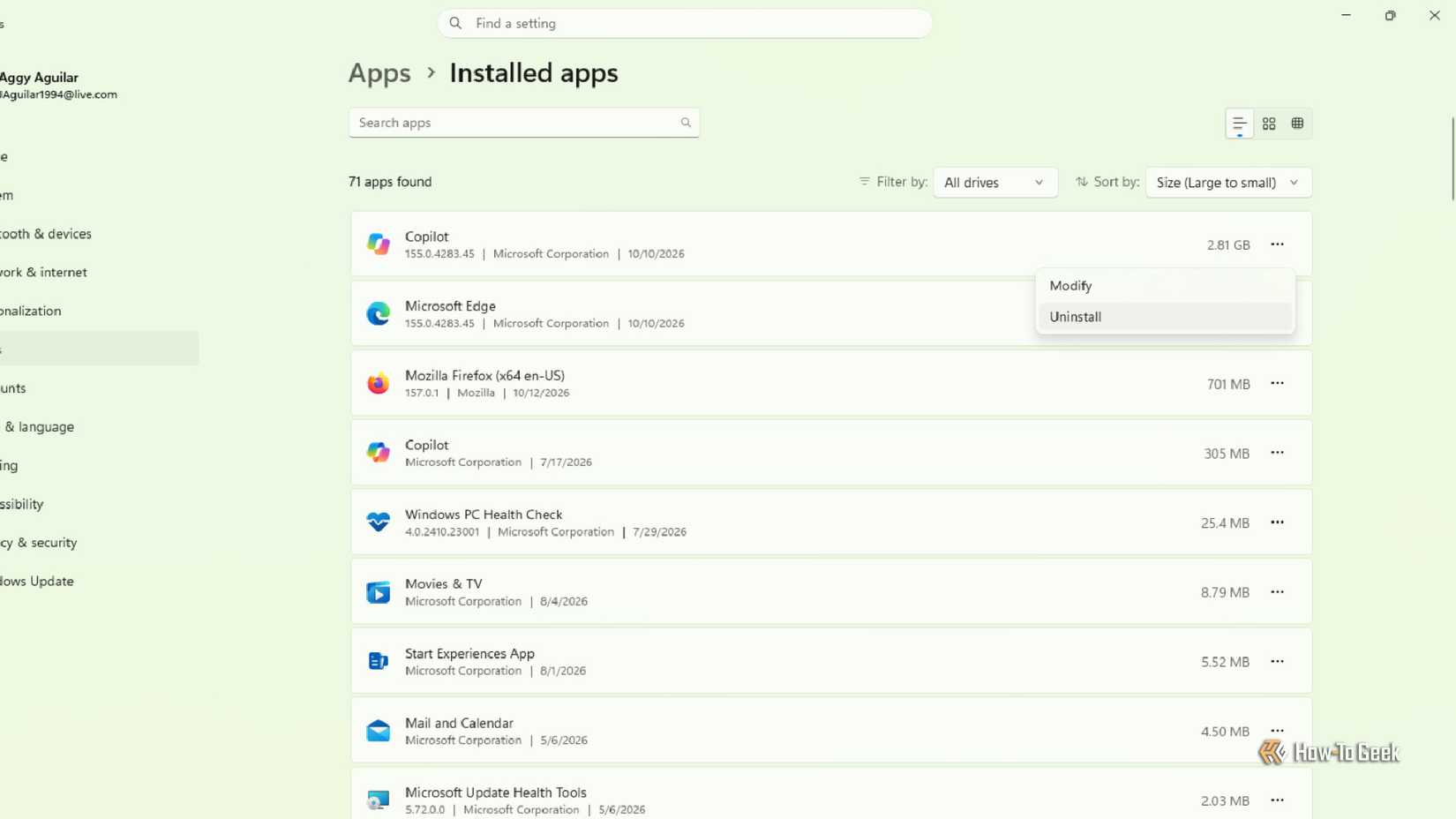 Uninstalling Copilot in Windows 11 settings by going to apps and then installed apps.