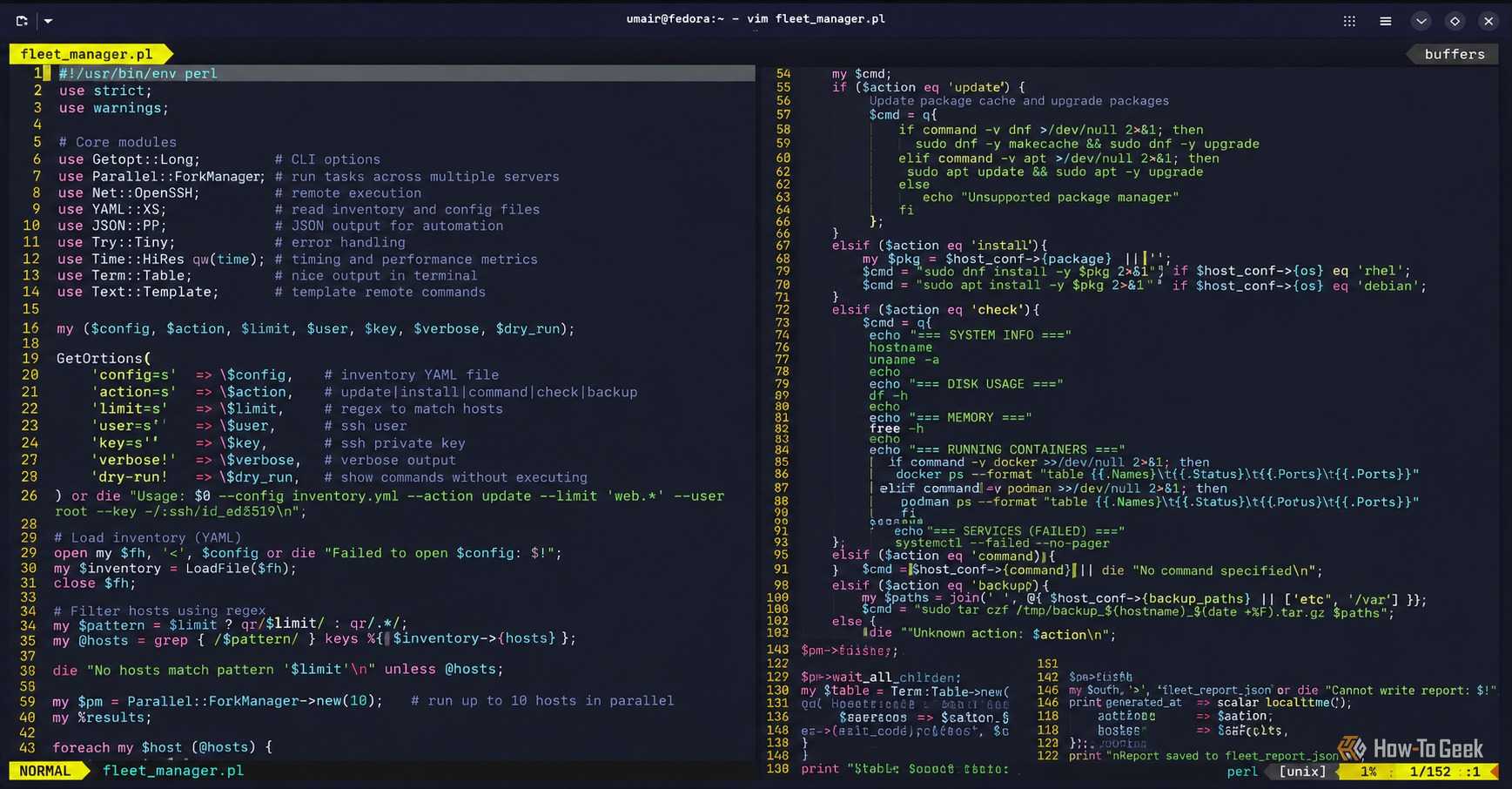 A screenshot of Vim displays a complex Perl fleet management script.