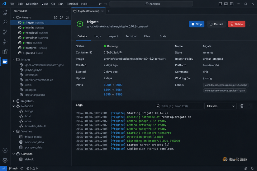 VS Code Containers view showing running containers and Docker resources.