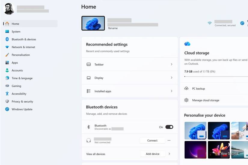 Windows Settings Home page showing recommended settings, Bluetooth devices, cloud storage, and personalize cards.
