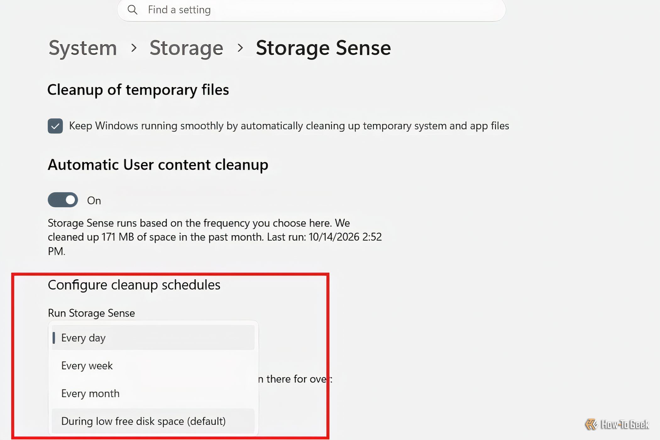 Меню настройки расписания Storage Sense