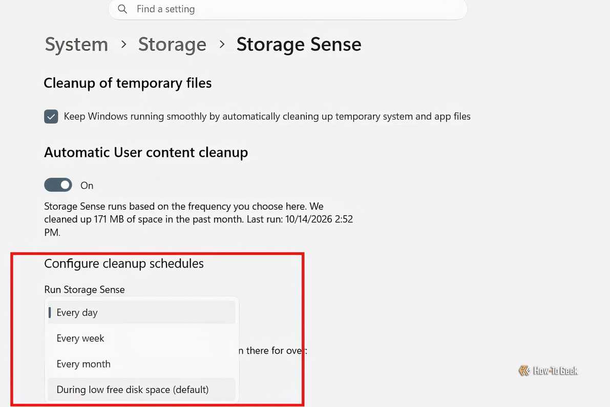 Расписание Storage Sense Меню настройки расписания Storage Sense