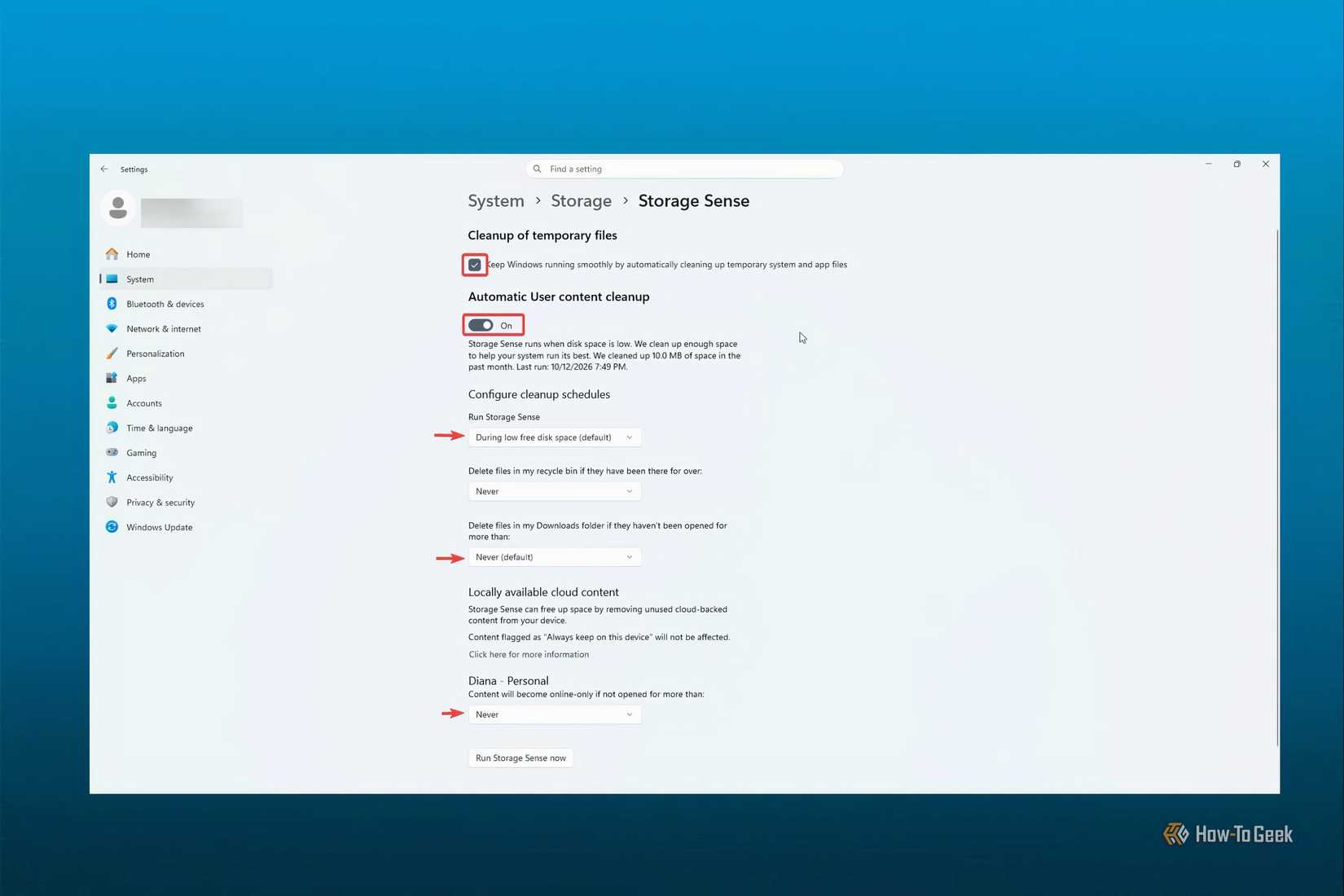 Example of Storage Sense schedule and setup in Windows 11.