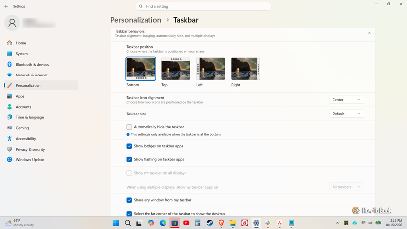 Screenshot of Windows 11 showing the Taskbar settings