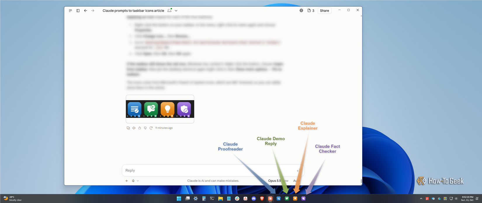 Windows 11 taskbar with arrows pointing to the Claude Proofreader, Demo Reply, Explainer, and Fact Checker shortcuts below a Claude chat window.