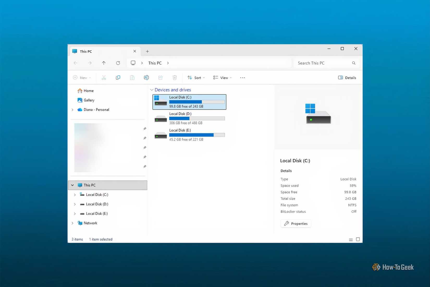 Overview of Windows drives and details about system drive space in This PC on Windows 11.