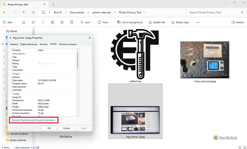 Windows displays the Details tab for a JPEG with a link to remove properties and personal information.