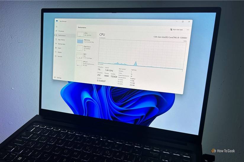 Windows Task Manager Performance tab open on a laptop showing CPU utilization details for an Intel Core i9 processor.