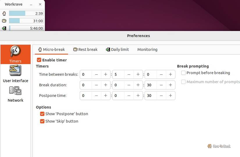 The Workrave timer and preferences windows are open, with the timer showing the current break countdown and the preferences displaying microbreak settings.