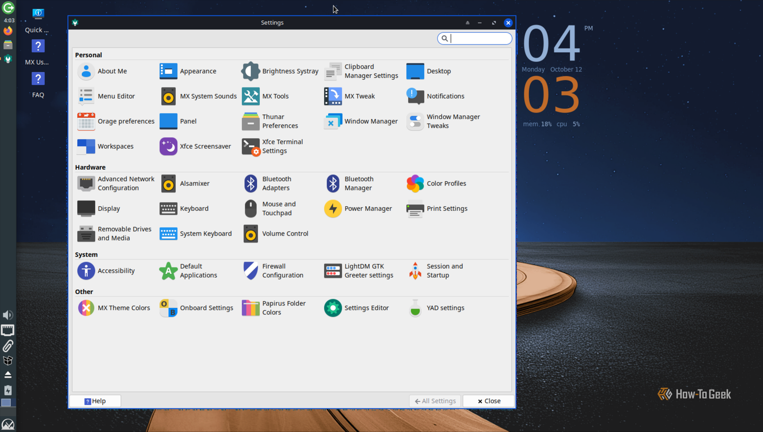 Xfce Settings Manager on MX Linux showing Personal, Hardware, System and Other settings.