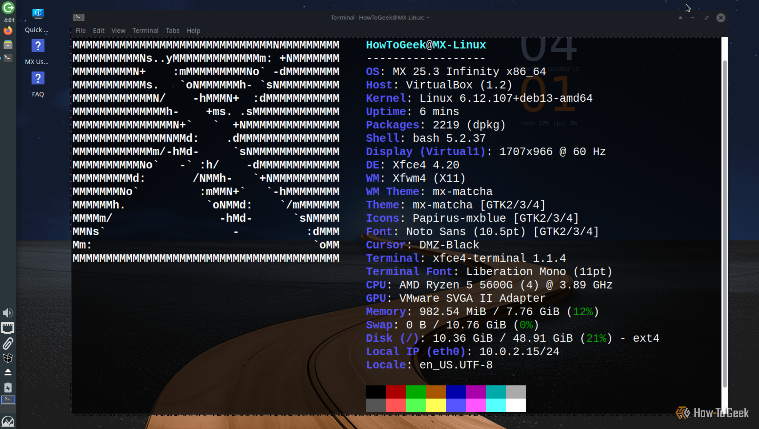 Xfce Terminal showing fastfetch output for MX Linux 25.3 with Xfce 4.20 on X11.