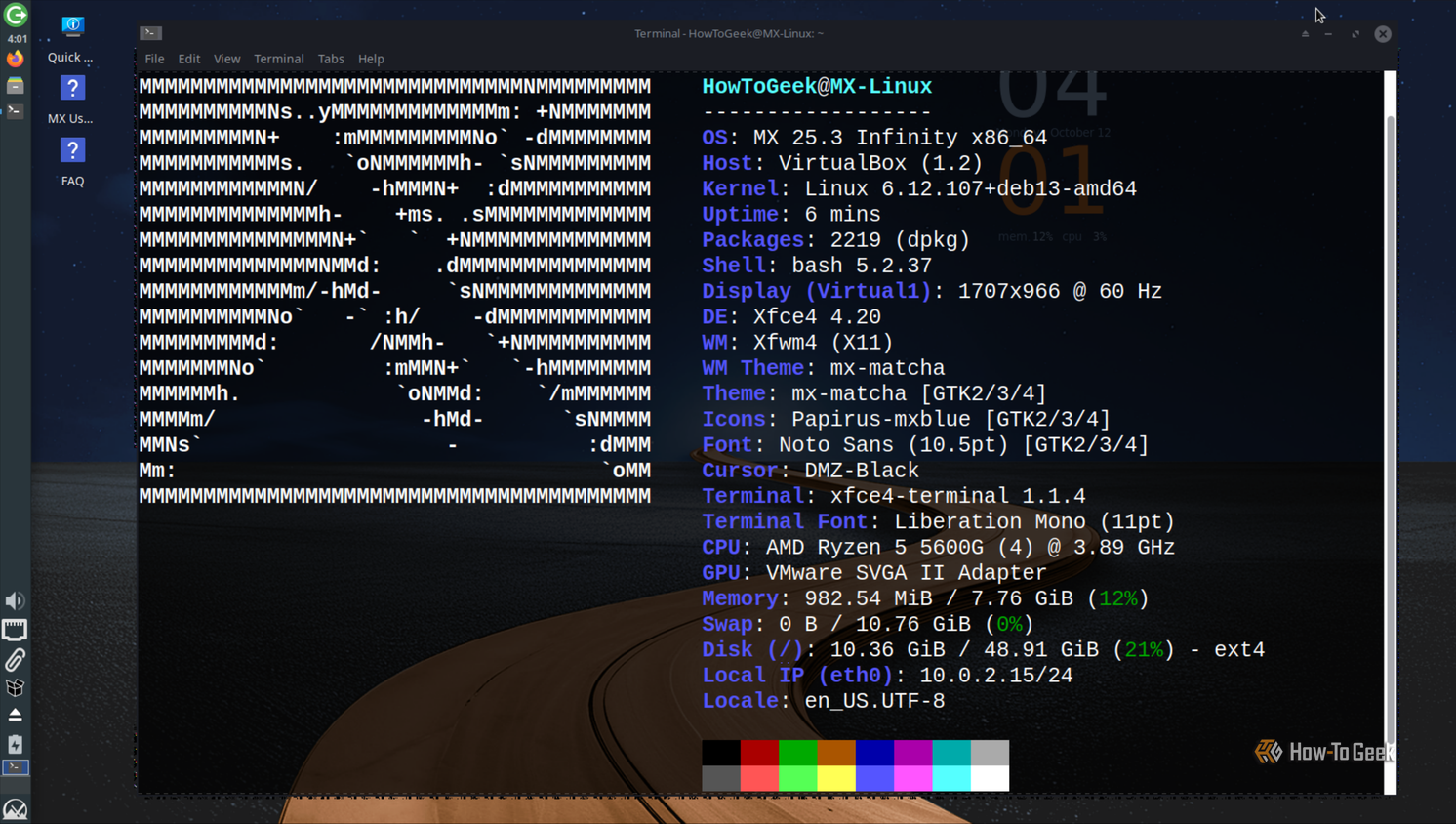 Xfce Terminal showing fastfetch output for MX Linux 25.3 with Xfce 4.20 on X11.