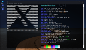 Xfce Terminal showing fastfetch output for MX Linux 25.3 with Xfce 4.20 on X11.