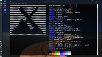 Xfce Terminal showing fastfetch output for MX Linux 25.3 with Xfce 4.20 on X11.